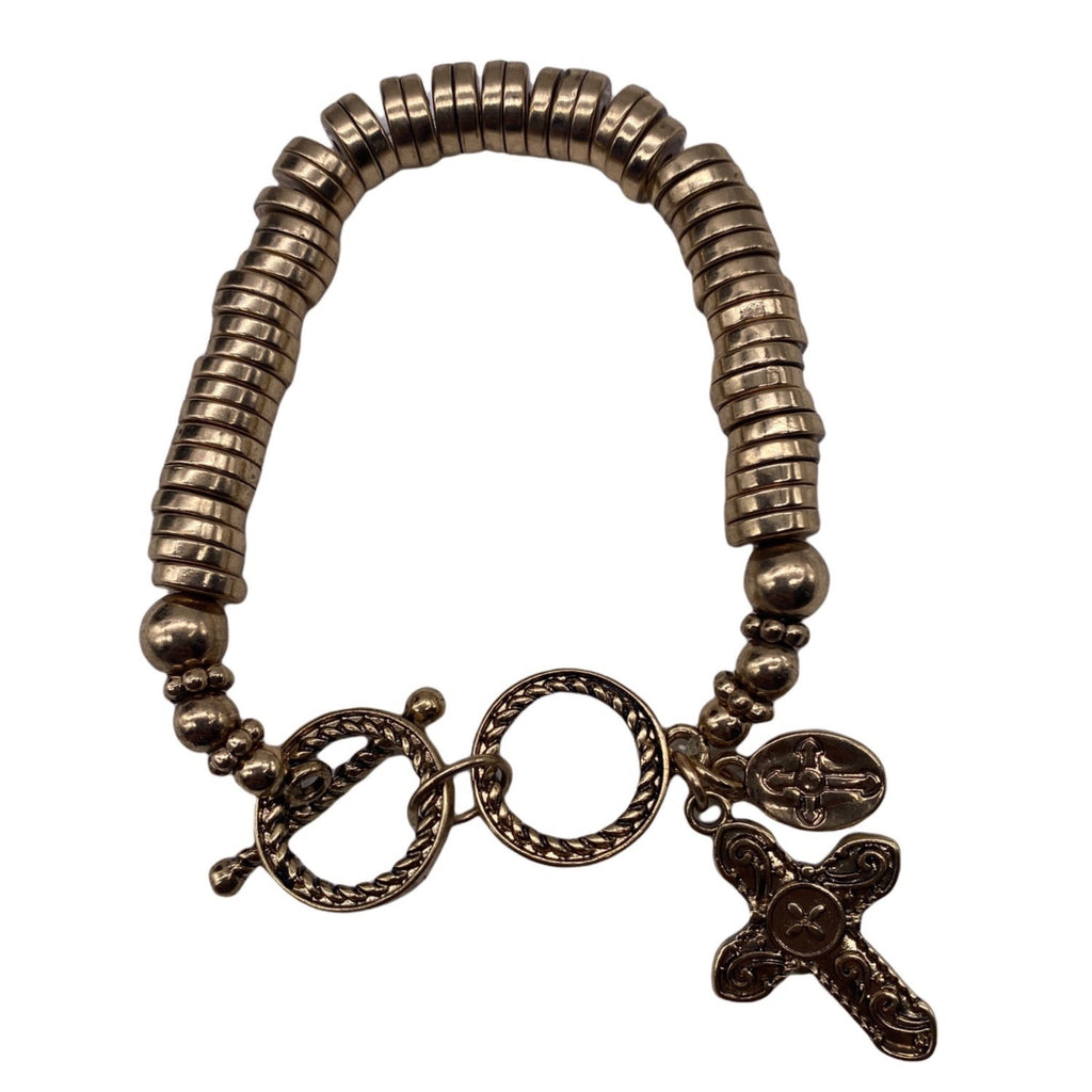 Gold Tone Cross Charm Stretch Bracelet With Toggle & Rhinestone Accents