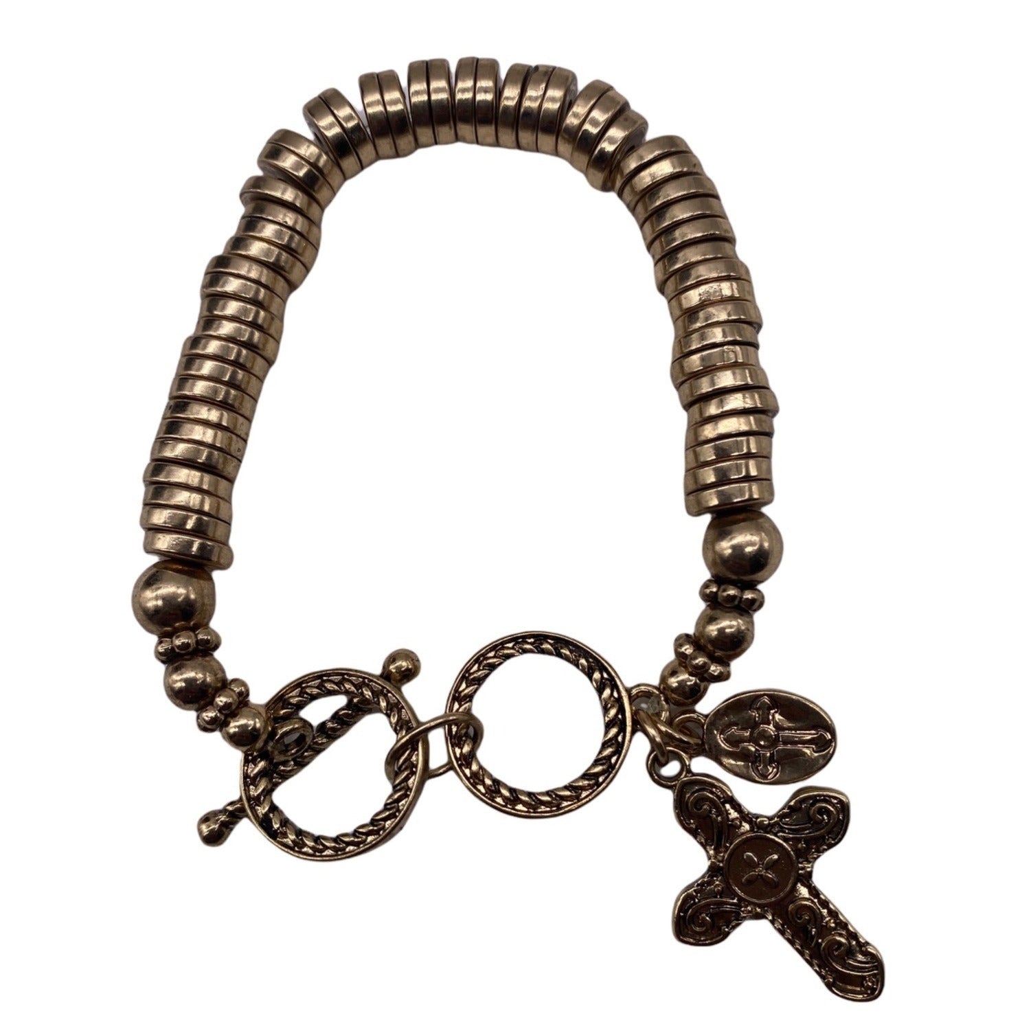 Gold Tone Cross Charm Stretch Bracelet With Toggle & Rhinestone Accents