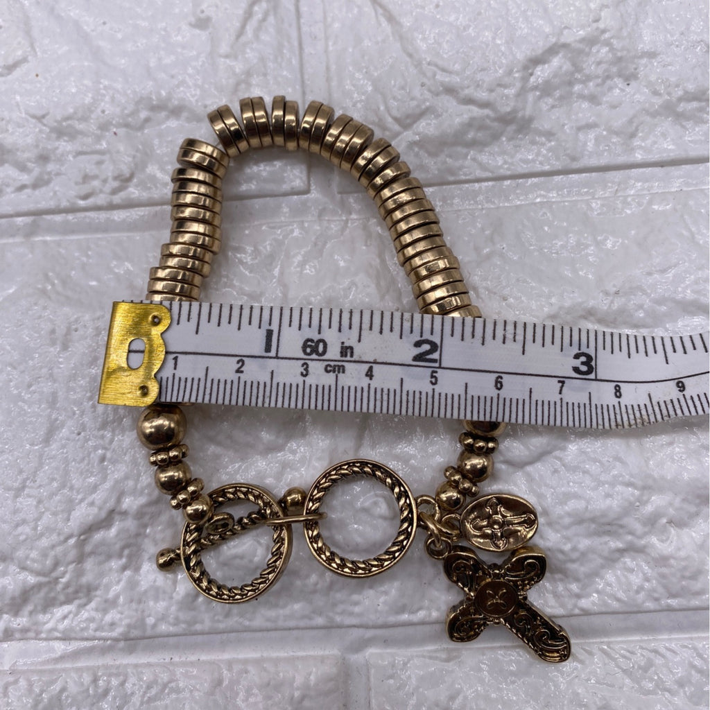 Gold Tone Cross Charm Stretch Bracelet With Toggle & Rhinestone Accents