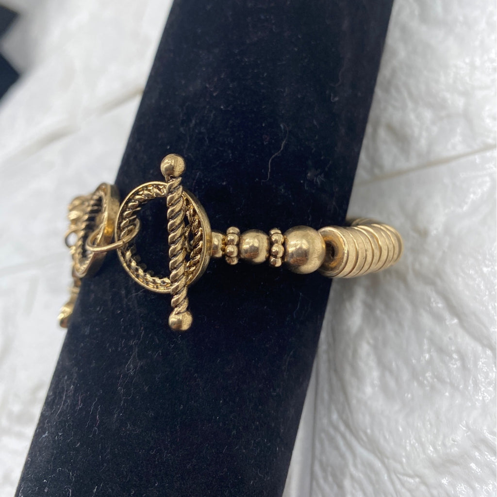 Gold Tone Cross Charm Stretch Bracelet With Toggle & Rhinestone Accents