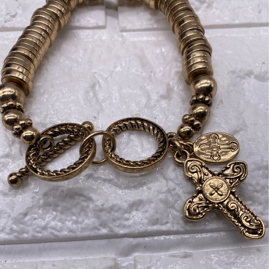 Gold Tone Cross Charm Stretch Bracelet With Toggle & Rhinestone Accents