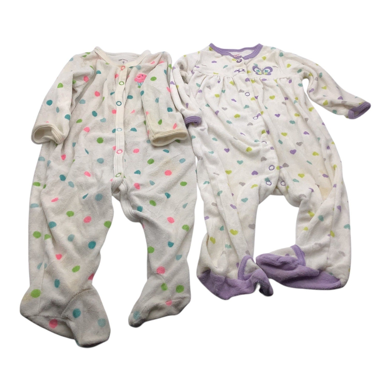 Lot Of 2 Carter's Baby Girl Pajamas Size 9M Footed Sleeper Polka Dots & Hearts