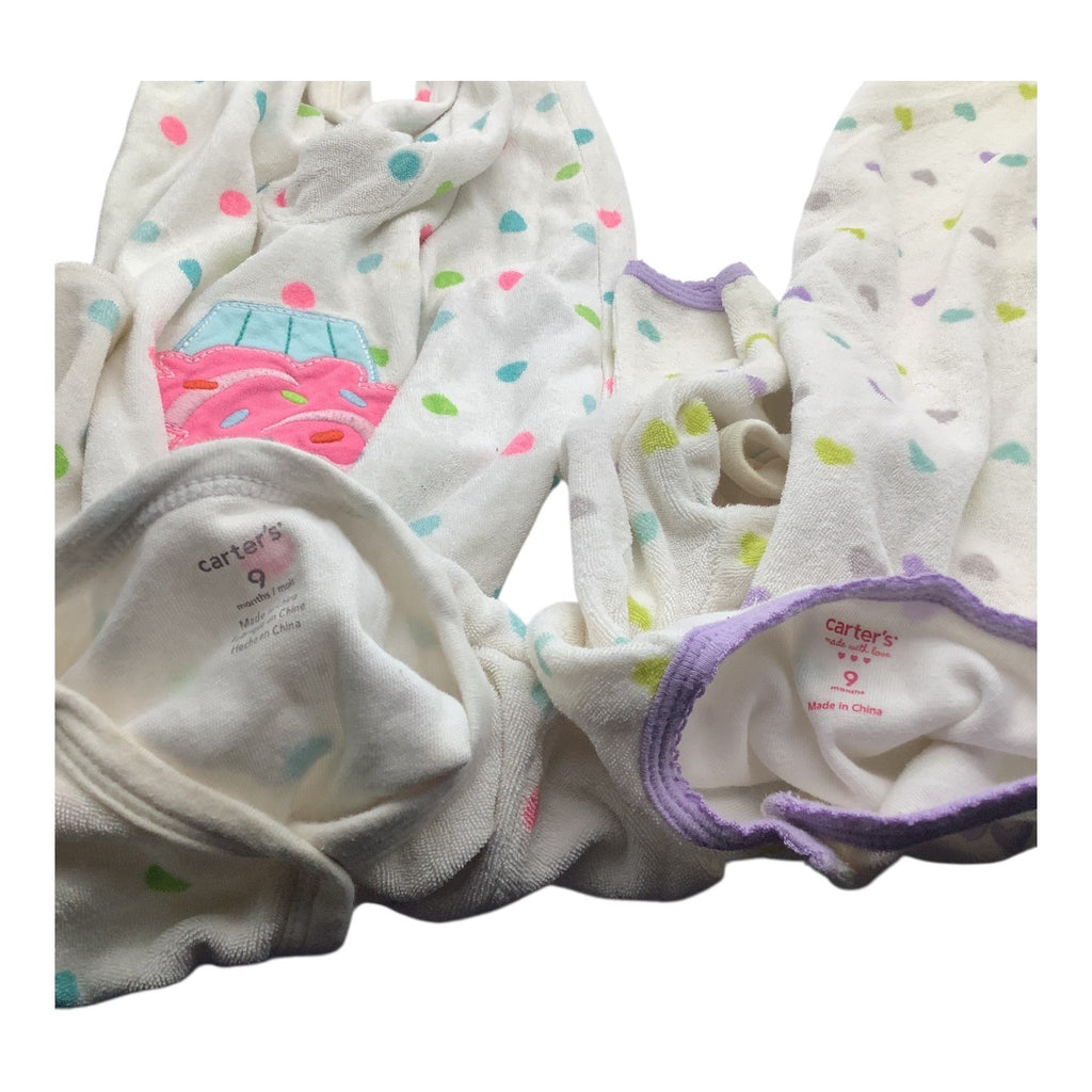 Lot Of 2 Carter's Baby Girl Pajamas Size 9M Footed Sleeper Polka Dots & Hearts