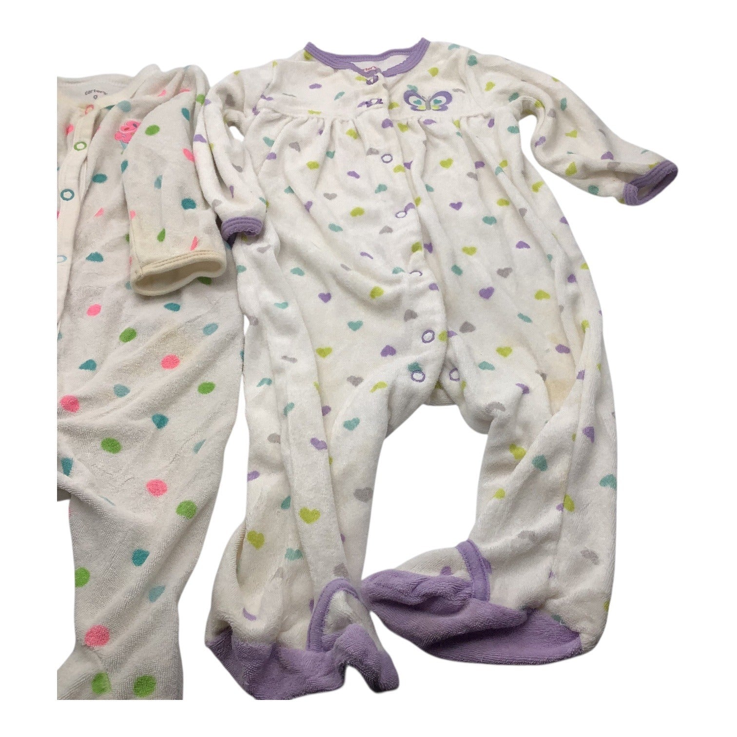 Lot Of 2 Carter's Baby Girl Pajamas Size 9M Footed Sleeper Polka Dots & Hearts