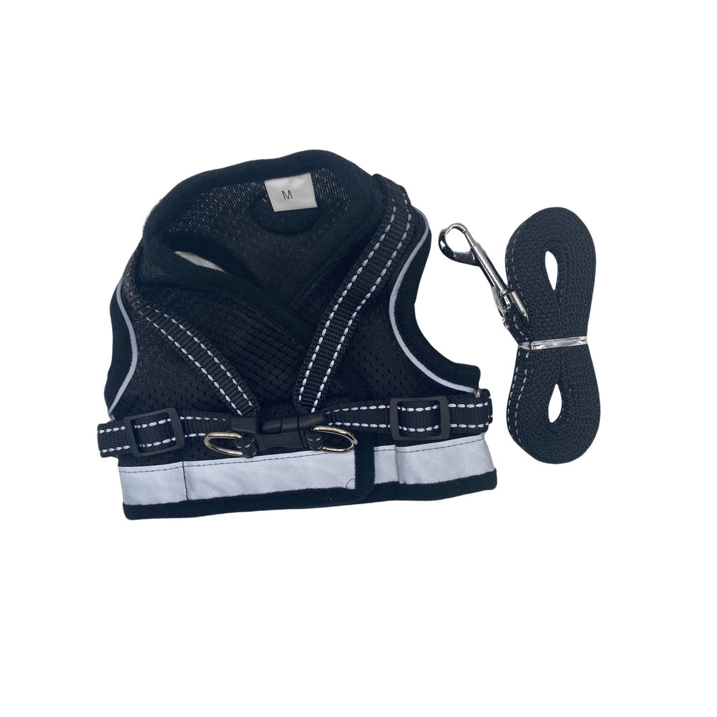 Pet Harness & Leash Set Adjustable Reflective Black & Gray Safety Vest Size M
