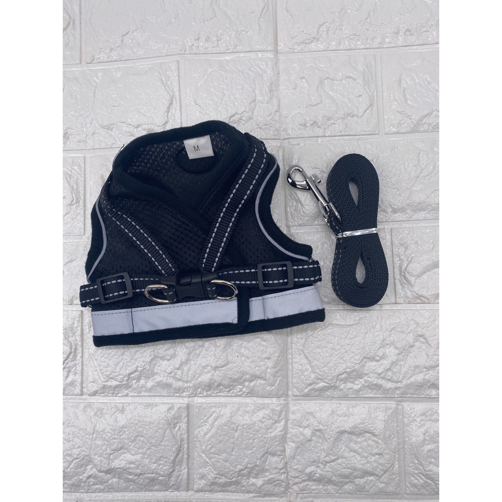 Pet Harness & Leash Set Adjustable Reflective Black & Gray Safety Vest Size M