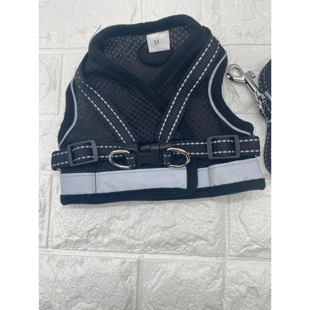 Pet Harness & Leash Set Adjustable Reflective Black & Gray Safety Vest Size M