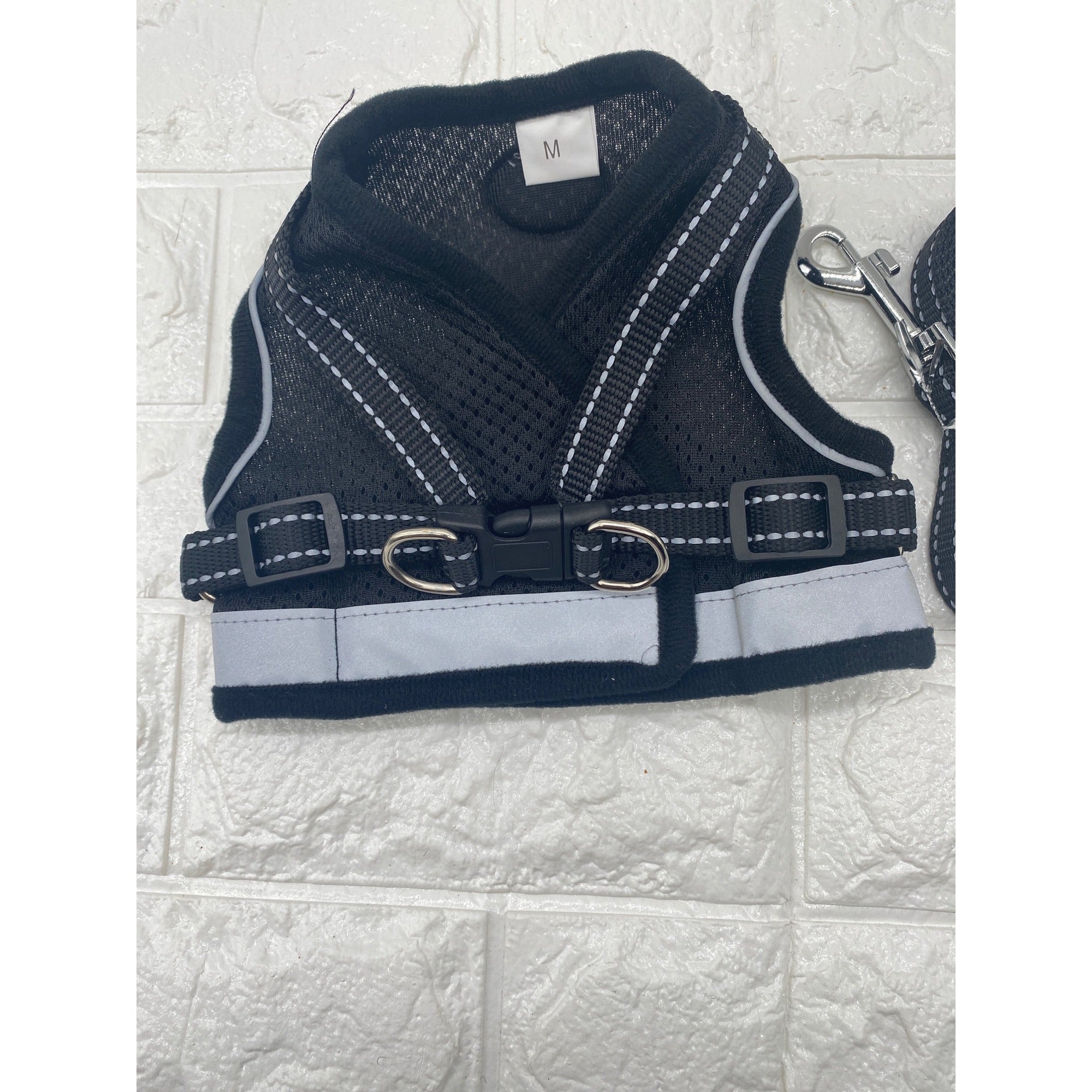 Pet Harness & Leash Set Adjustable Reflective Black & Gray Safety Vest Size M