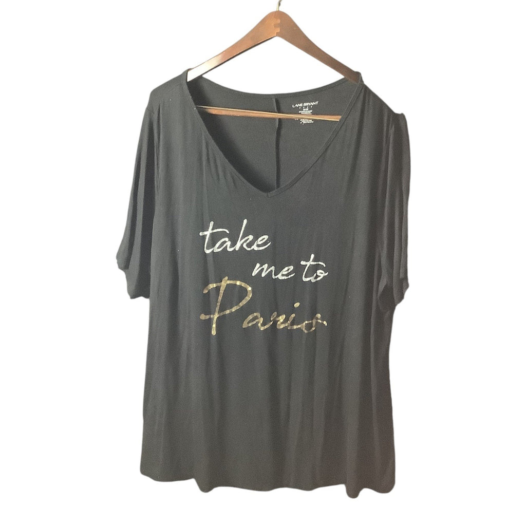 Lane Bryant Womens Graphic V-Neck T-Shirt Sz 26/28 Take Me To Paris Black Gold