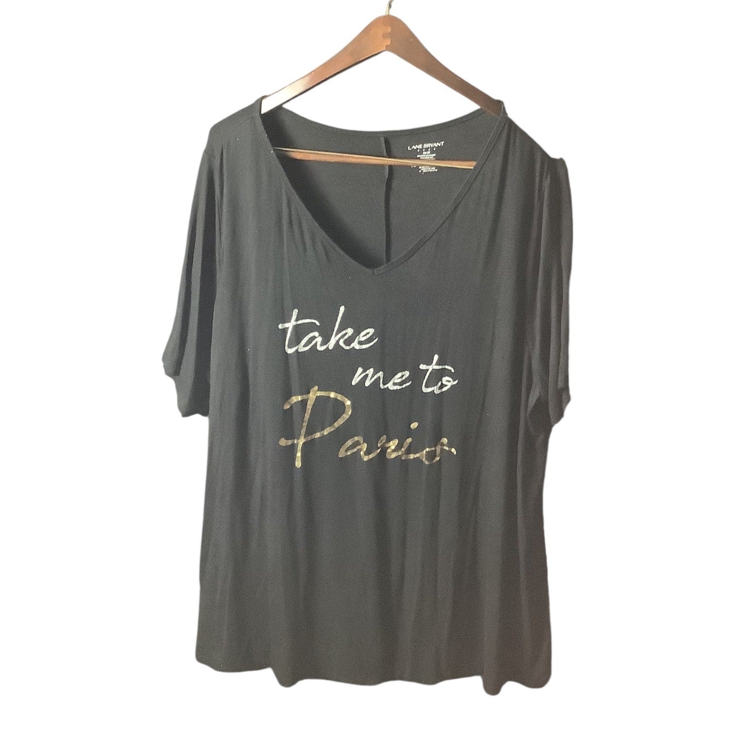 Lane Bryant Womens Graphic V-Neck T-Shirt Sz 26/28 Take Me To Paris Black Gold