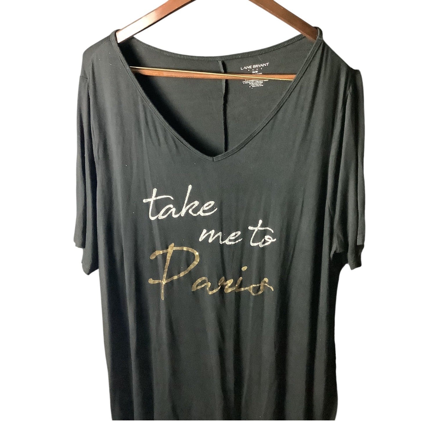 Lane Bryant Womens Graphic V-Neck T-Shirt Sz 26/28 Take Me To Paris Black Gold