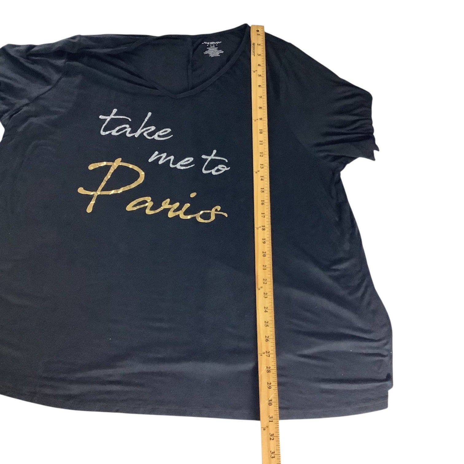 Lane Bryant Womens Graphic V-Neck T-Shirt Sz 26/28 Take Me To Paris Black Gold