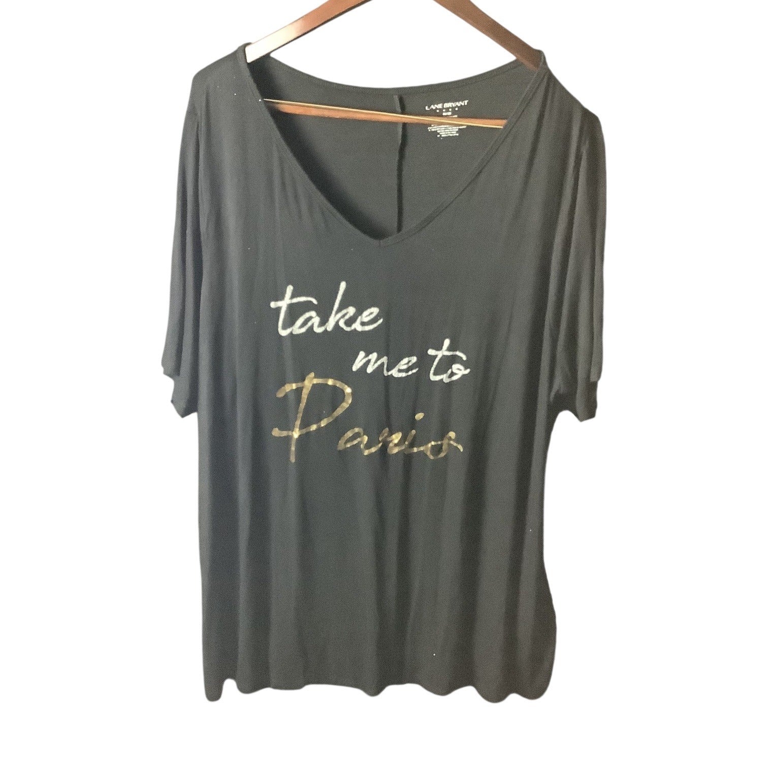 Lane Bryant Womens Graphic V-Neck T-Shirt Sz 26/28 Take Me To Paris Black Gold