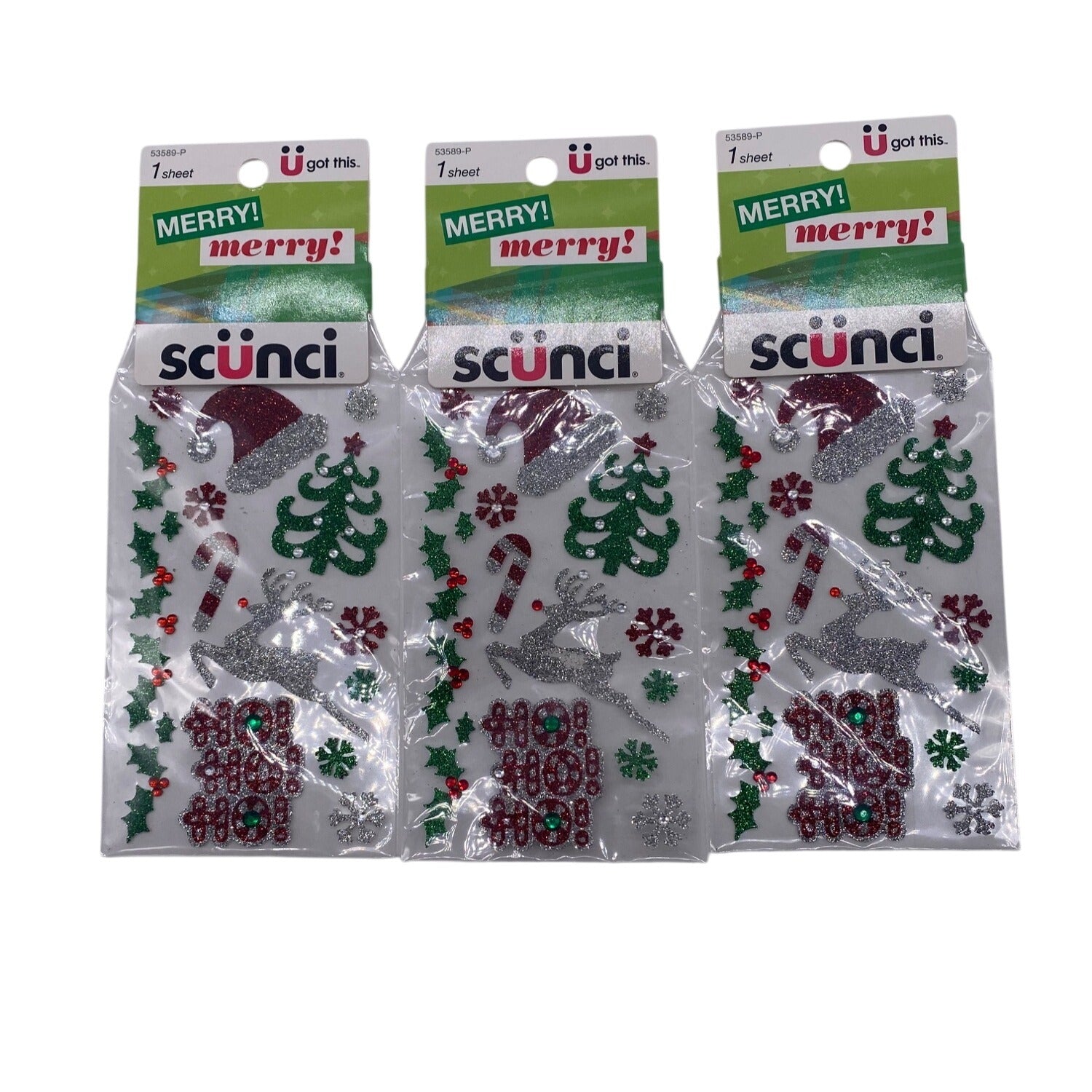 Lot of 3 Scunci U Got This Christmas Stickers 53589P Glittery Holiday Designs