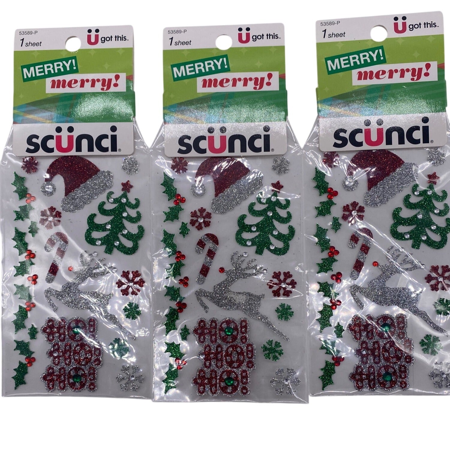 Lot of 3 Scunci U Got This Christmas Stickers 53589P Glittery Holiday Designs