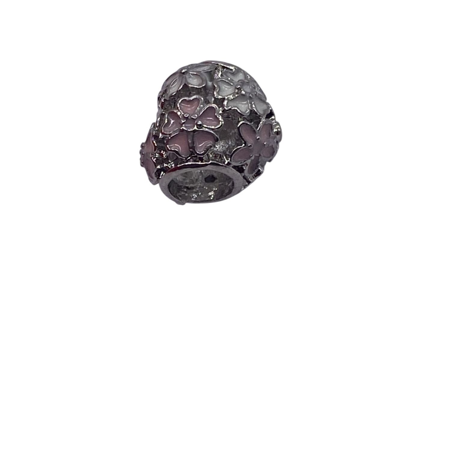 Pink Floral 925 Silver Charm Spacer Compatible W/ European Bracelets & Necklaces