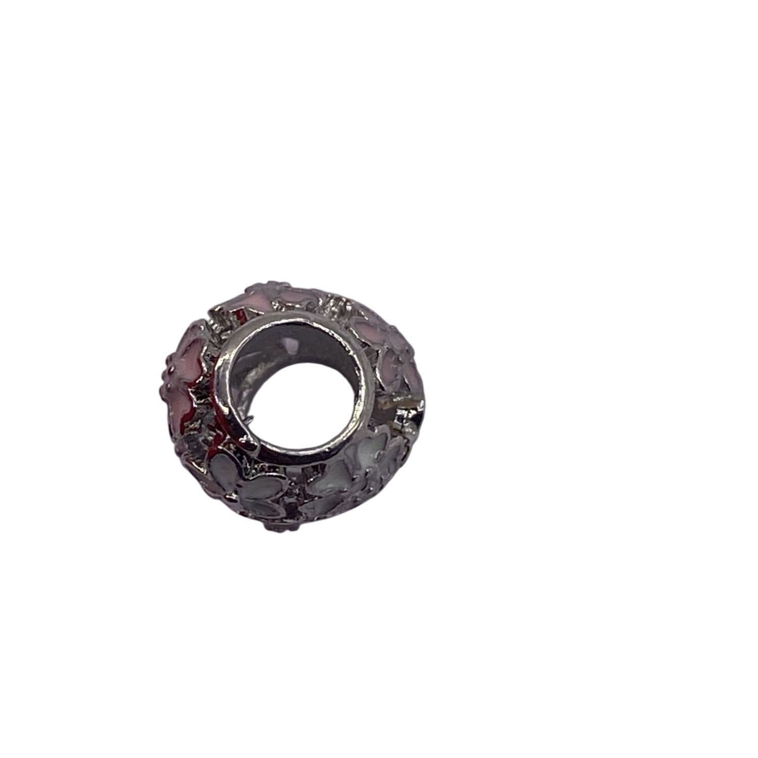 Pink Floral 925 Silver Charm Spacer Compatible W/ European Bracelets & Necklaces