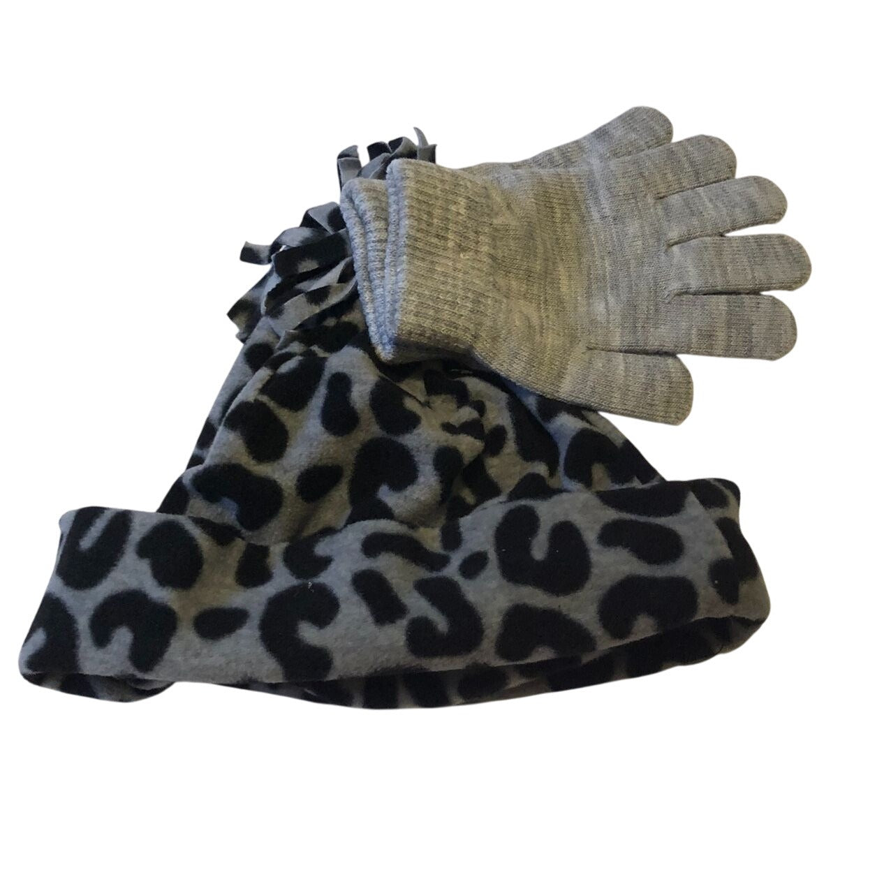 Basic Edition Girls Winter Fleece Hat & Mitten 2 Pc Set Gray Black Leopard Print
