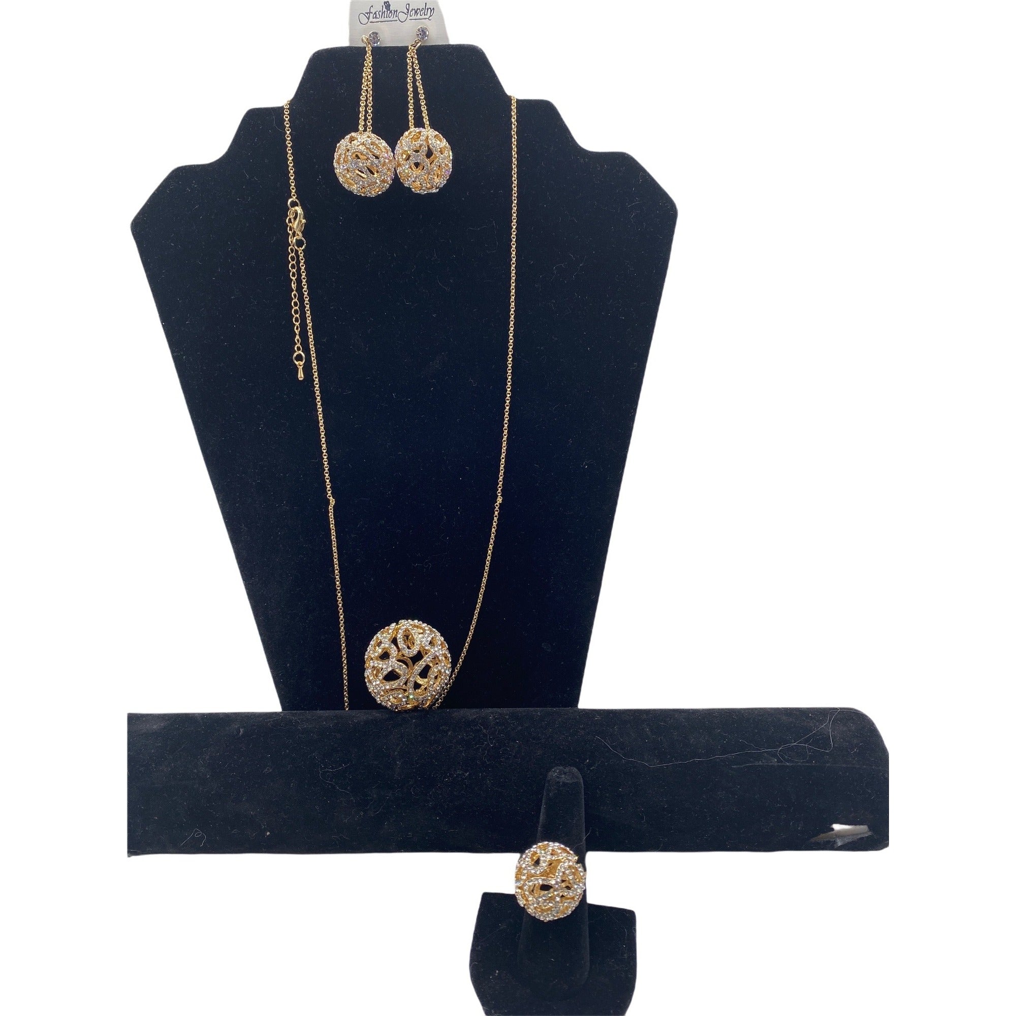 Fashion Jewelry Women’s Necklace Set Gold Plated Rhinestones Earrings & Ring