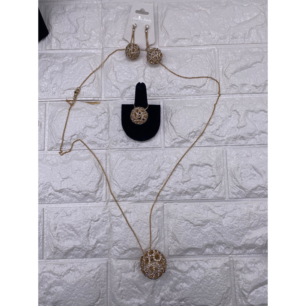 Fashion Jewelry Women’s Necklace Set Gold Plated Rhinestones Earrings & Ring