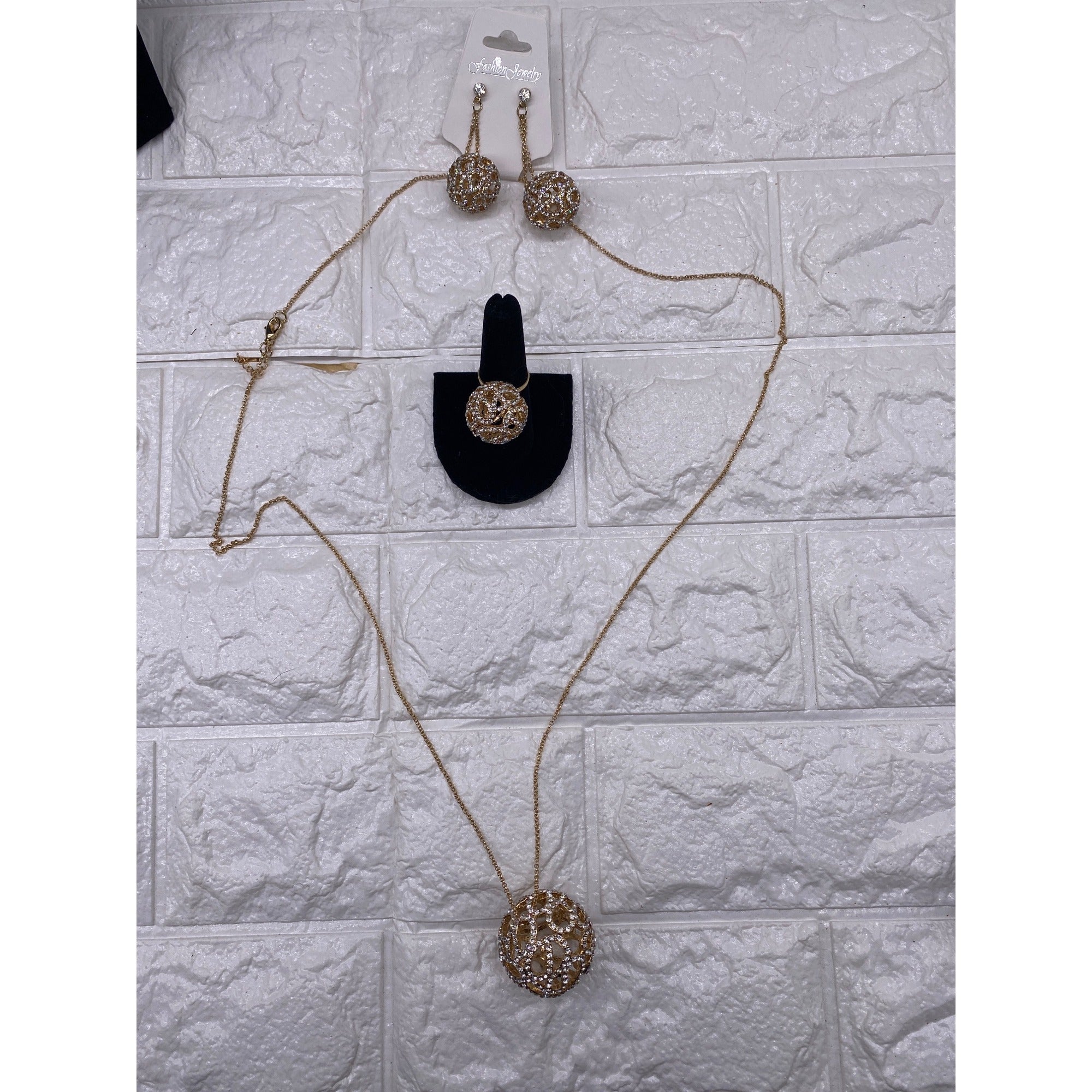 Fashion Jewelry Women’s Necklace Set Gold Plated Rhinestones Earrings & Ring