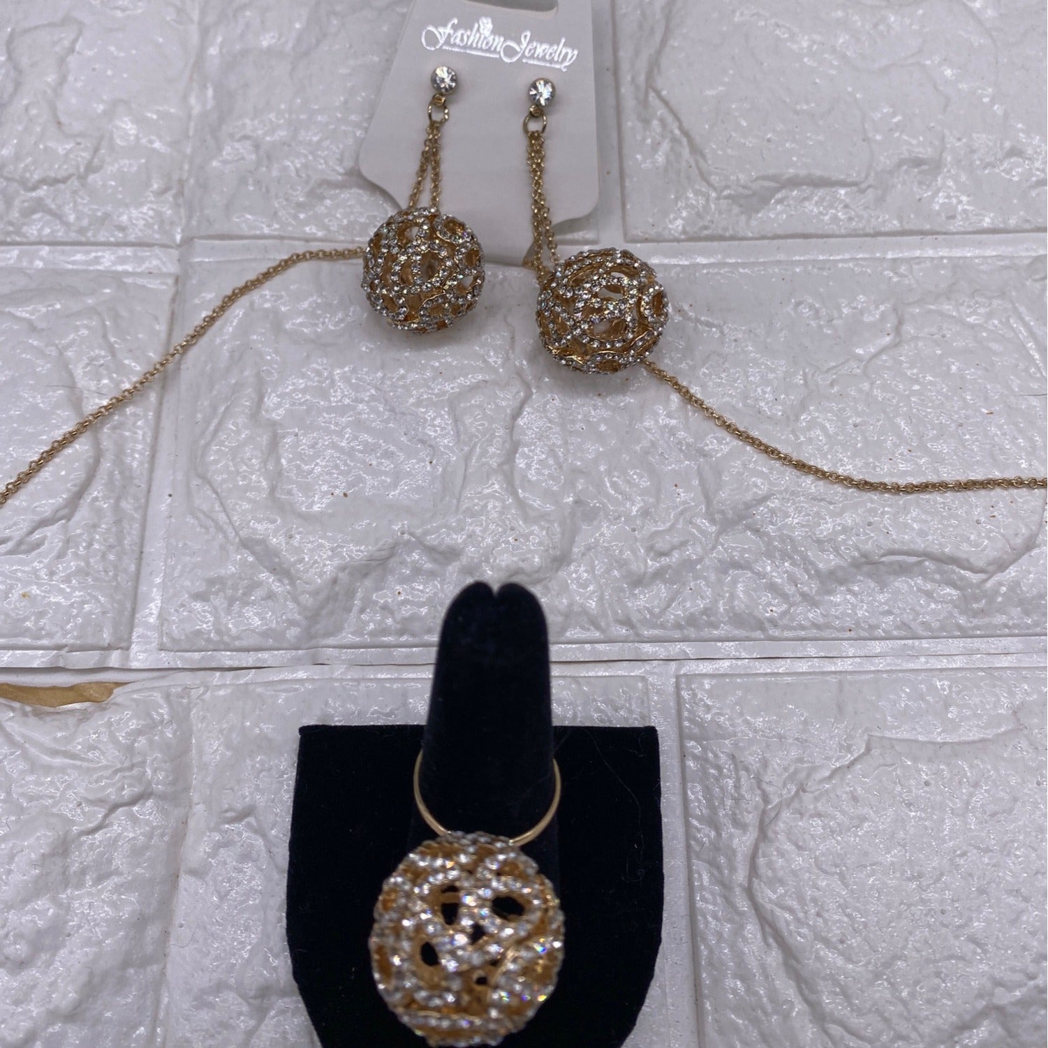 Fashion Jewelry Women’s Necklace Set Gold Plated Rhinestones Earrings & Ring