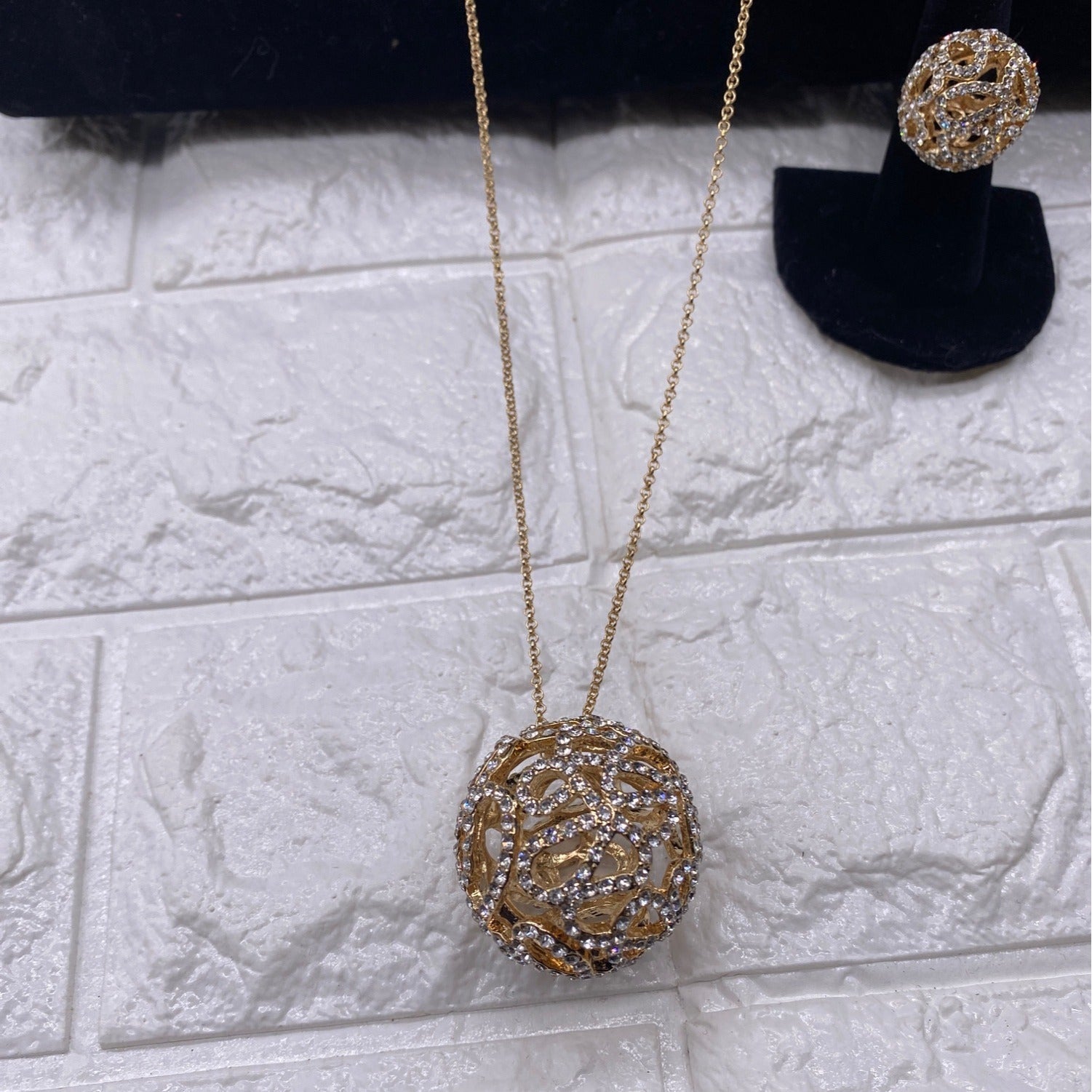 Fashion Jewelry Women’s Necklace Set Gold Plated Rhinestones Earrings & Ring