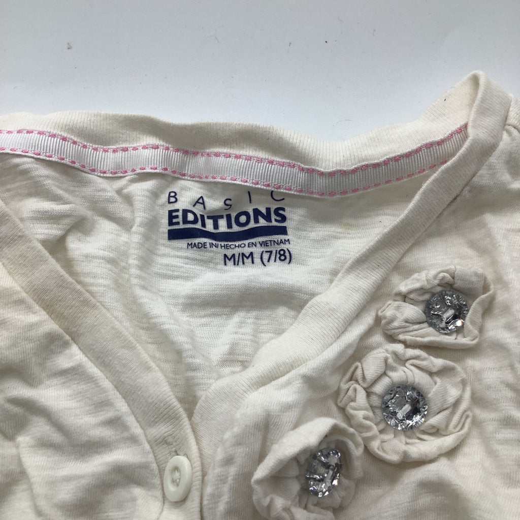 Basic Editions Girls White Shirt With Embellished Flowers Size M 7/8
