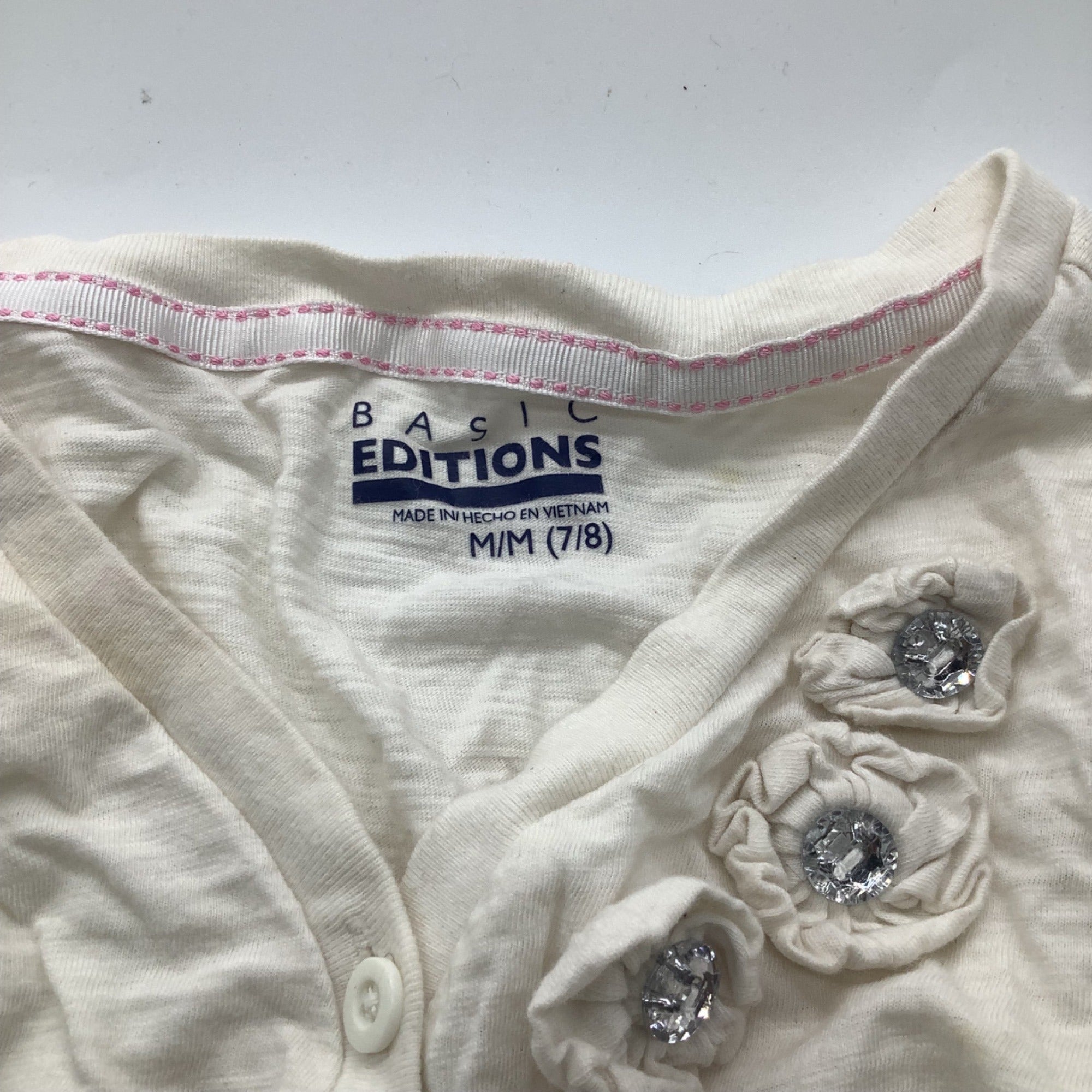Basic Editions Girls White Shirt With Embellished Flowers Size M 7/8
