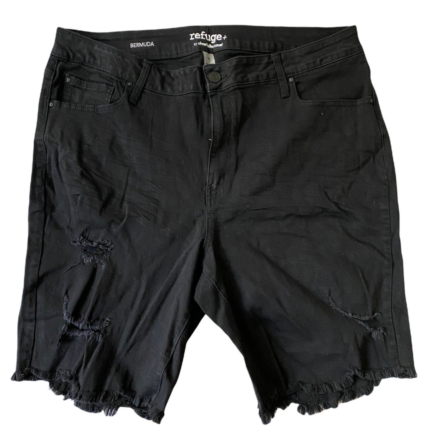 Refuge+ By Charlotte Russe Women’s Black Bermuda Distressed Shorts Size 22 Denim