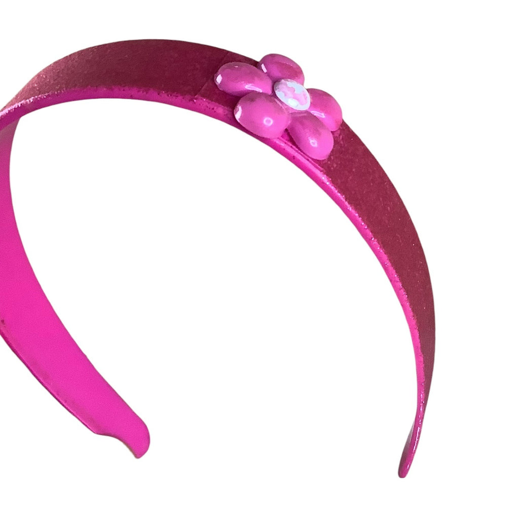 Pink Floral Girls Plastic Headband With Glitter Finish & Flower Accent