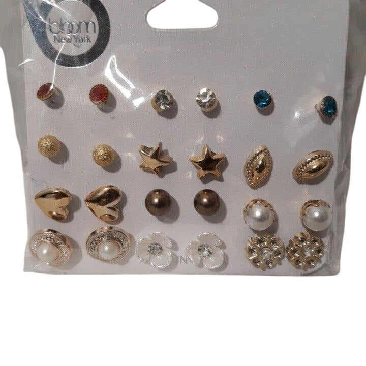 Bloom New York Womens 12 Pairs Assorted Stud Earrings Gold Pearl & Crystal Set