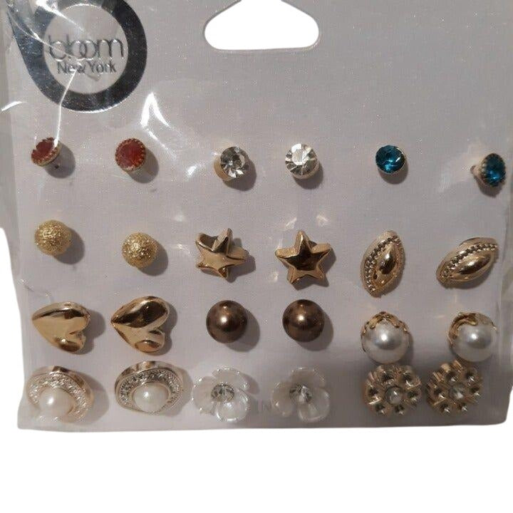 Bloom New York Womens 12 Pairs Assorted Stud Earrings Gold Pearl & Crystal Set