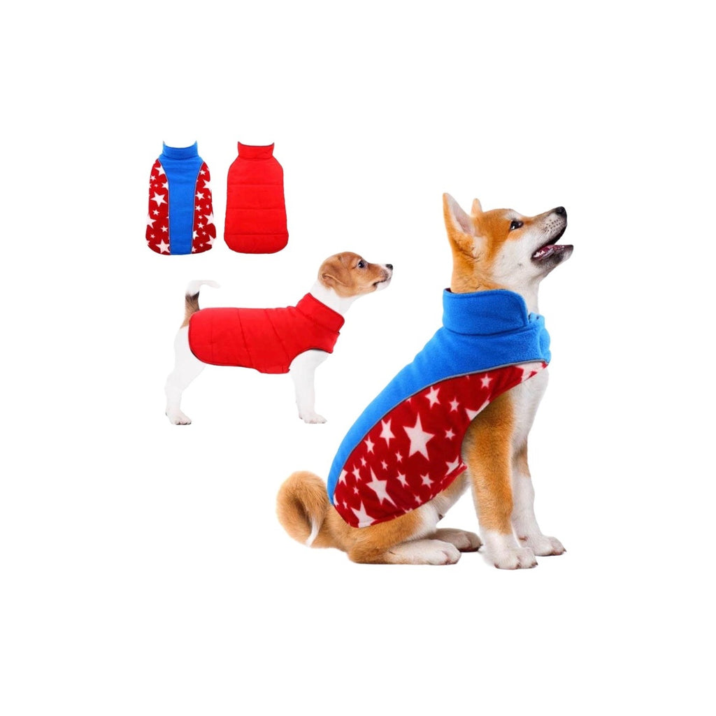 Reversible Dog Cold Weather Jacket 3XL Red & Blue Star Pattern Waterproof & Windproof Adjustable Reflective Vest