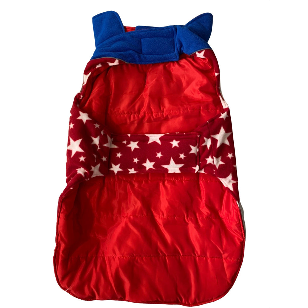 Reversible Dog Cold Weather Jacket 3XL Red & Blue Star Pattern Waterproof & Windproof Adjustable Reflective Vest