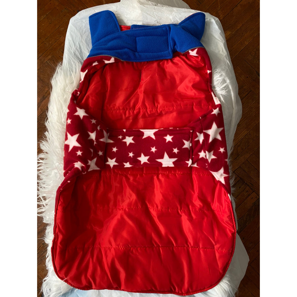Reversible Dog Cold Weather Jacket 3XL Red & Blue Star Pattern Waterproof & Windproof Adjustable Reflective Vest