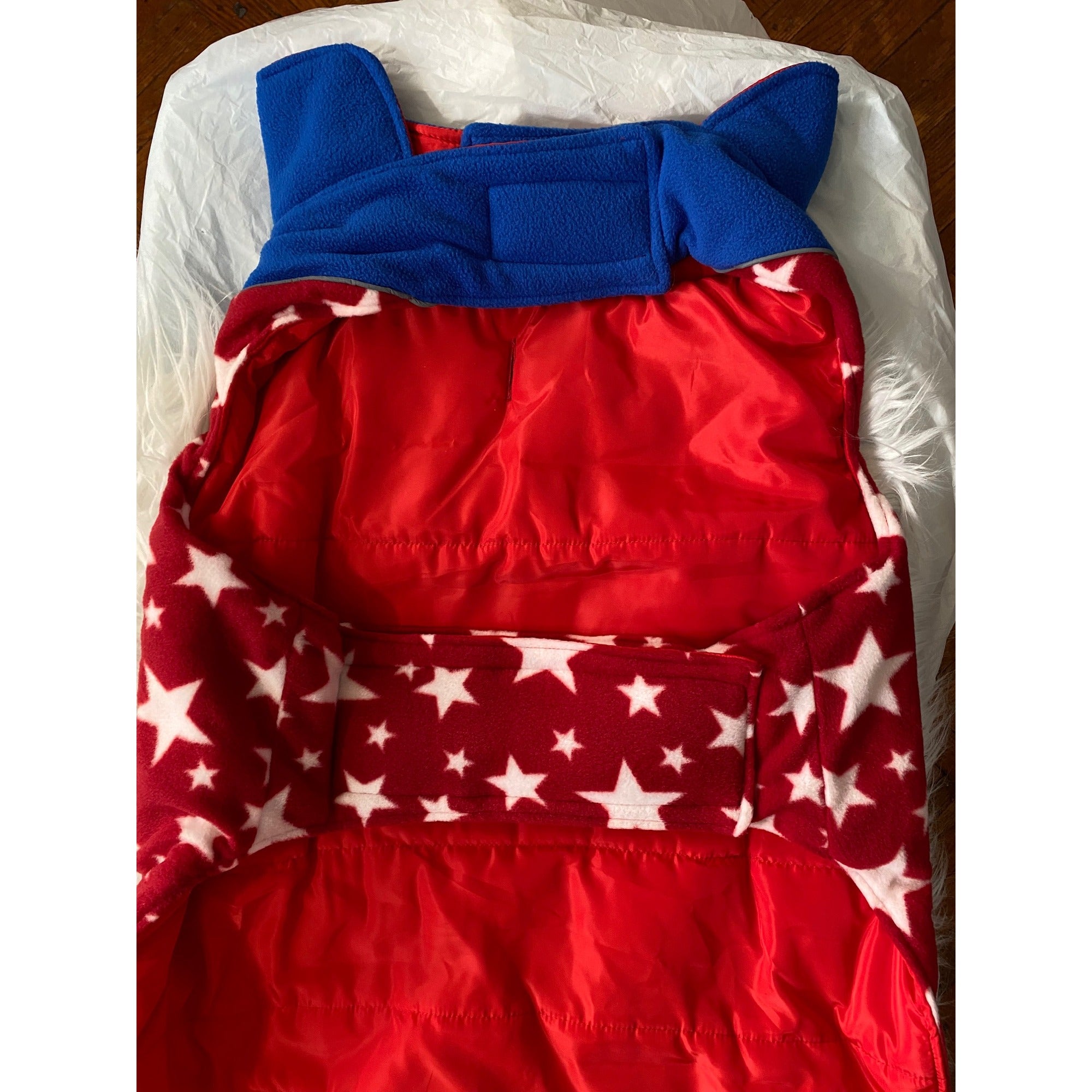 Reversible Dog Cold Weather Jacket 3XL Red & Blue Star Pattern Waterproof & Windproof Adjustable Reflective Vest