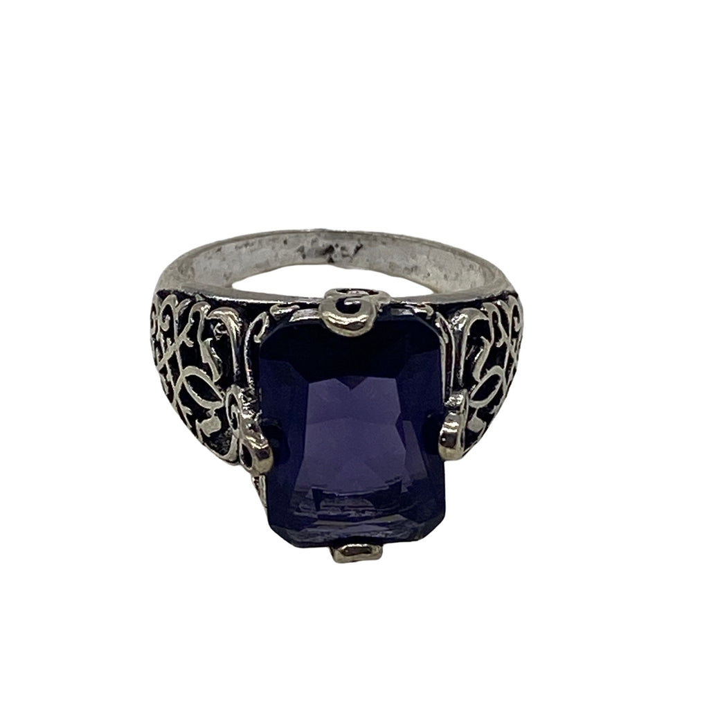 Womens Fashion Ring Purple Gemstone Silver Plated Metal Intricate Design Size 9