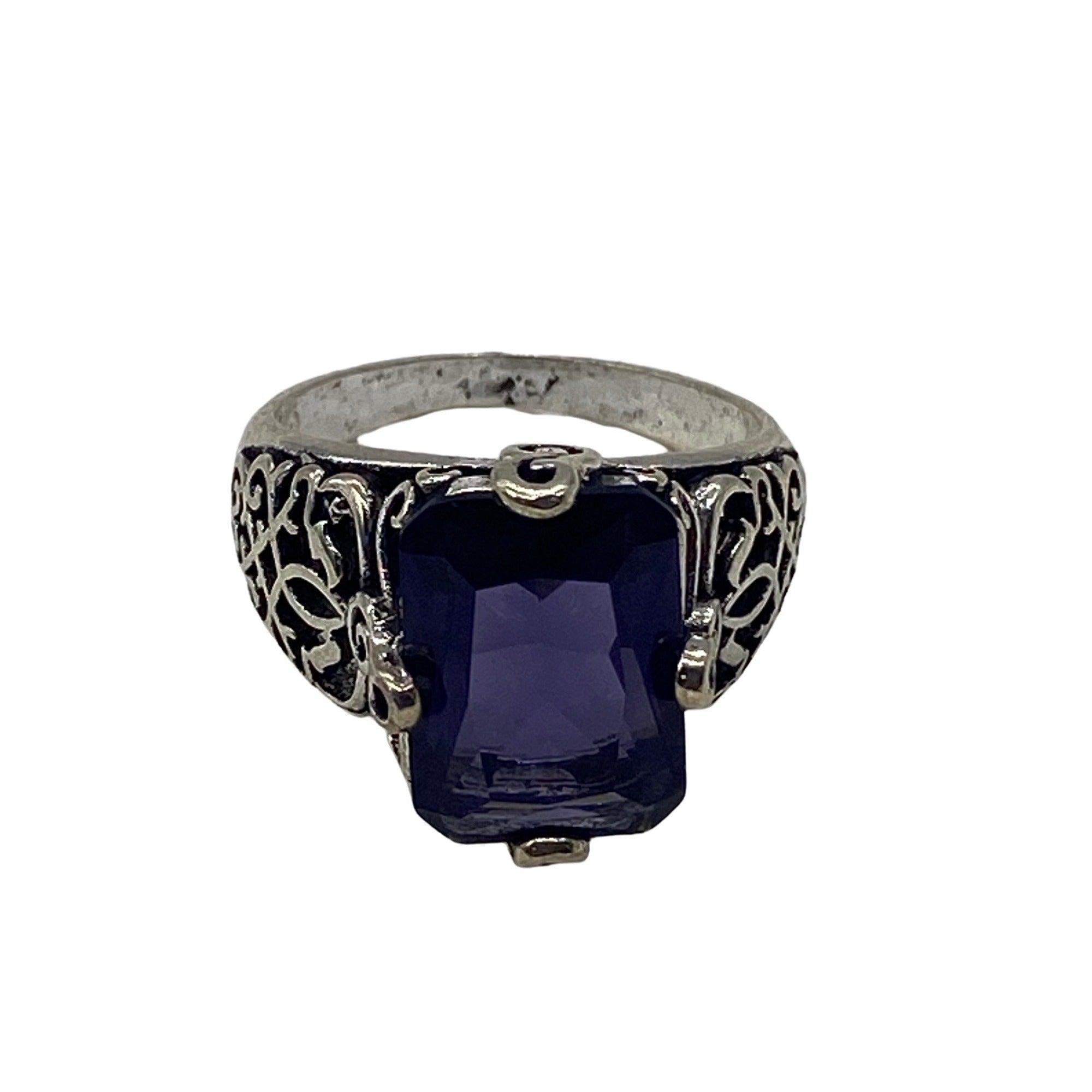 Womens Fashion Ring Purple Gemstone Silver Plated Metal Intricate Design Size 9