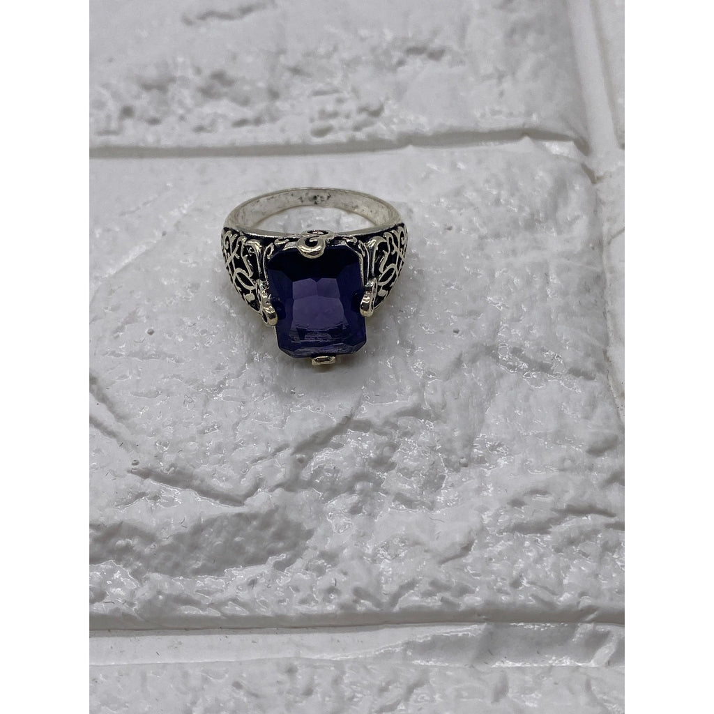 Womens Fashion Ring Purple Gemstone Silver Plated Metal Intricate Design Size 9