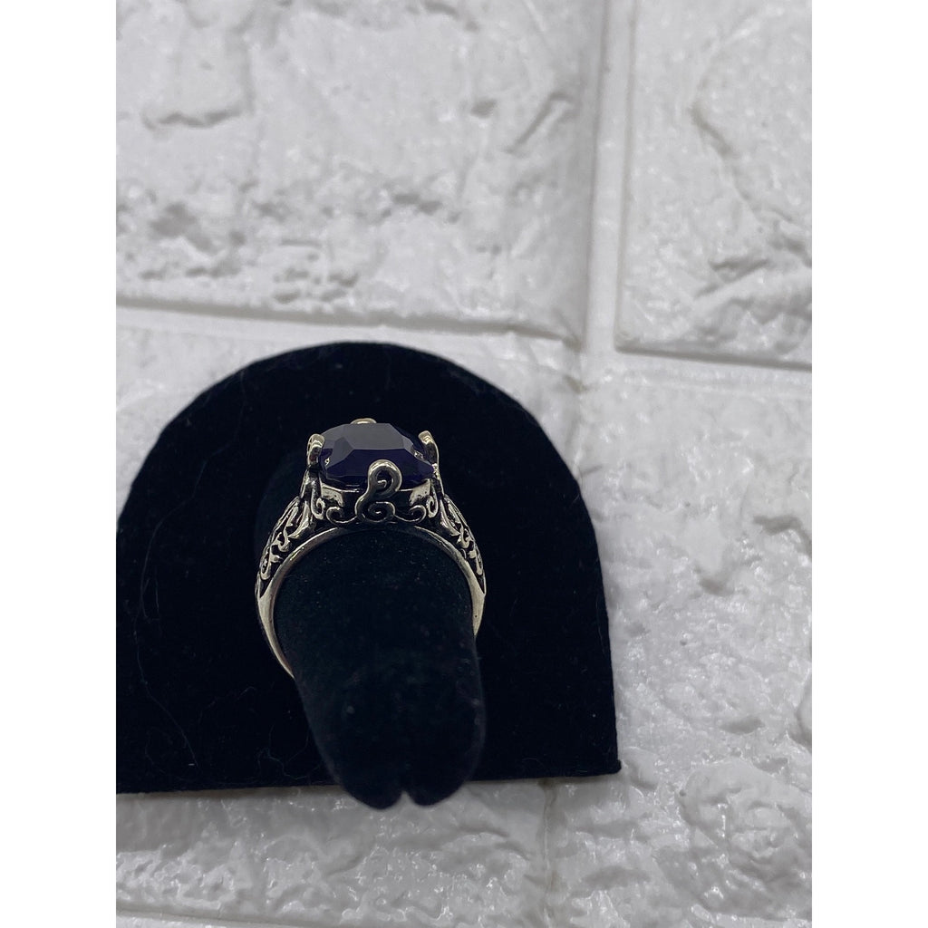 Womens Fashion Ring Purple Gemstone Silver Plated Metal Intricate Design Size 9