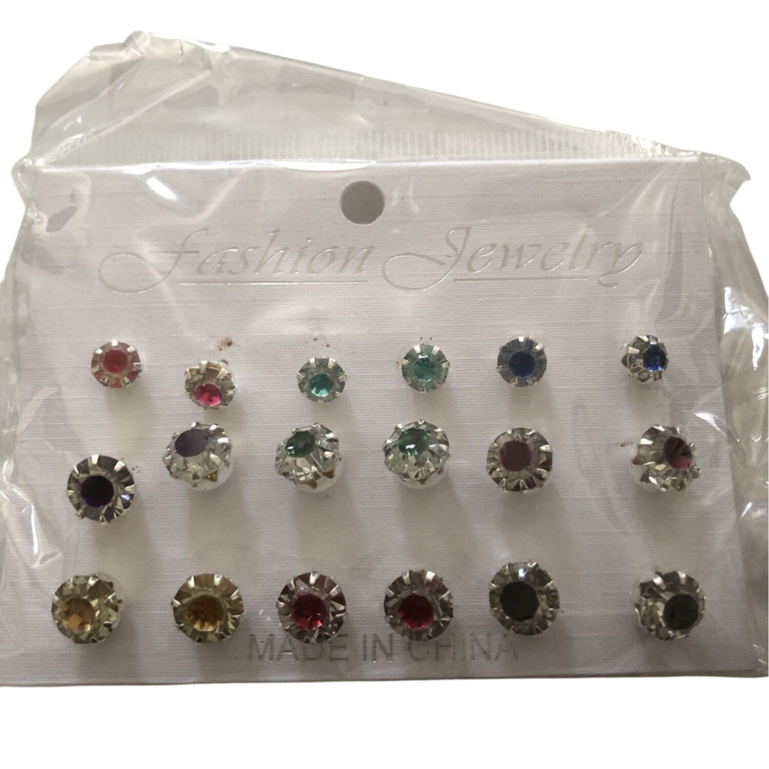 9 Pairs Of Crystal Stud Earrings Assorted Colors Multicolor Round Design