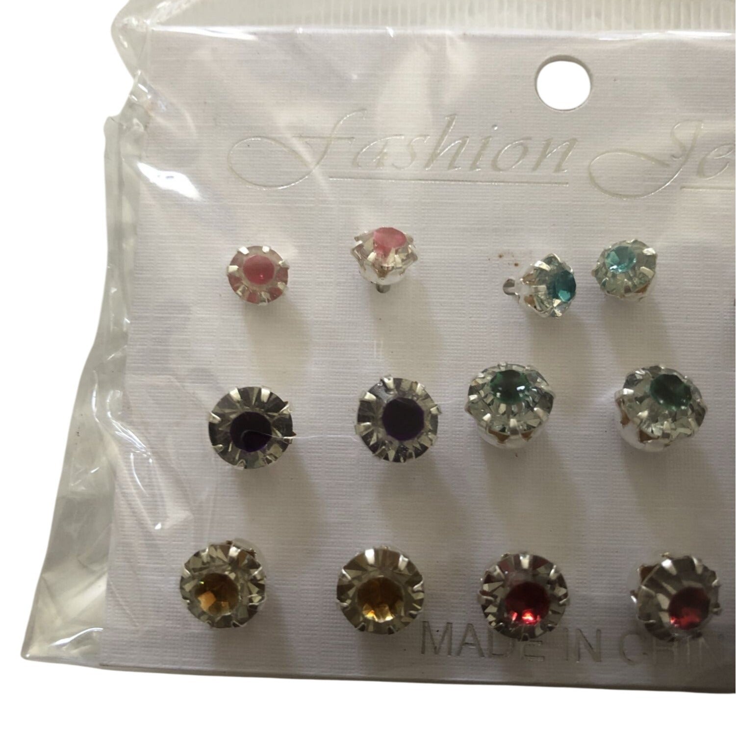 9 Pairs Of Crystal Stud Earrings Assorted Colors Multicolor Round Design