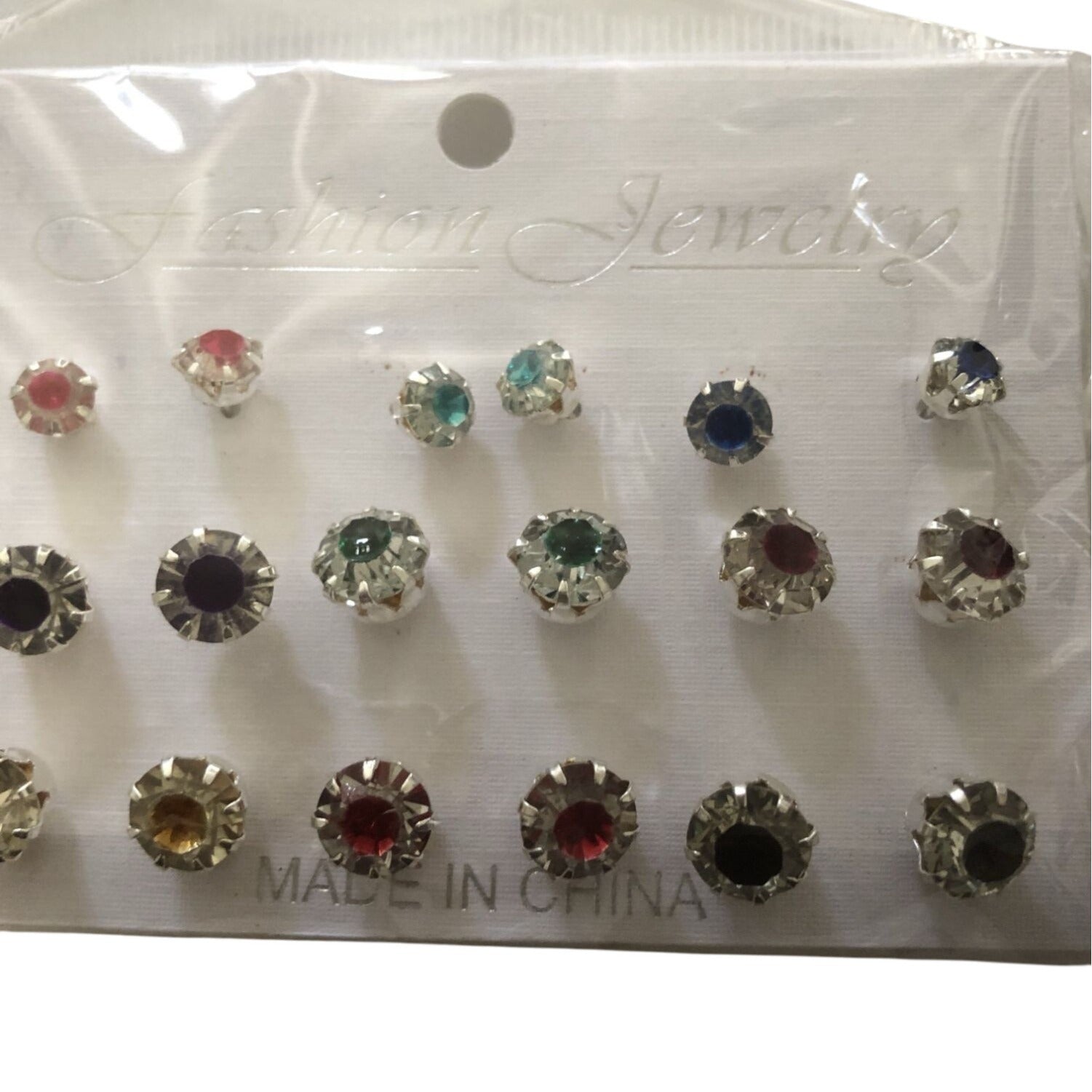 9 Pairs Of Crystal Stud Earrings Assorted Colors Multicolor Round Design