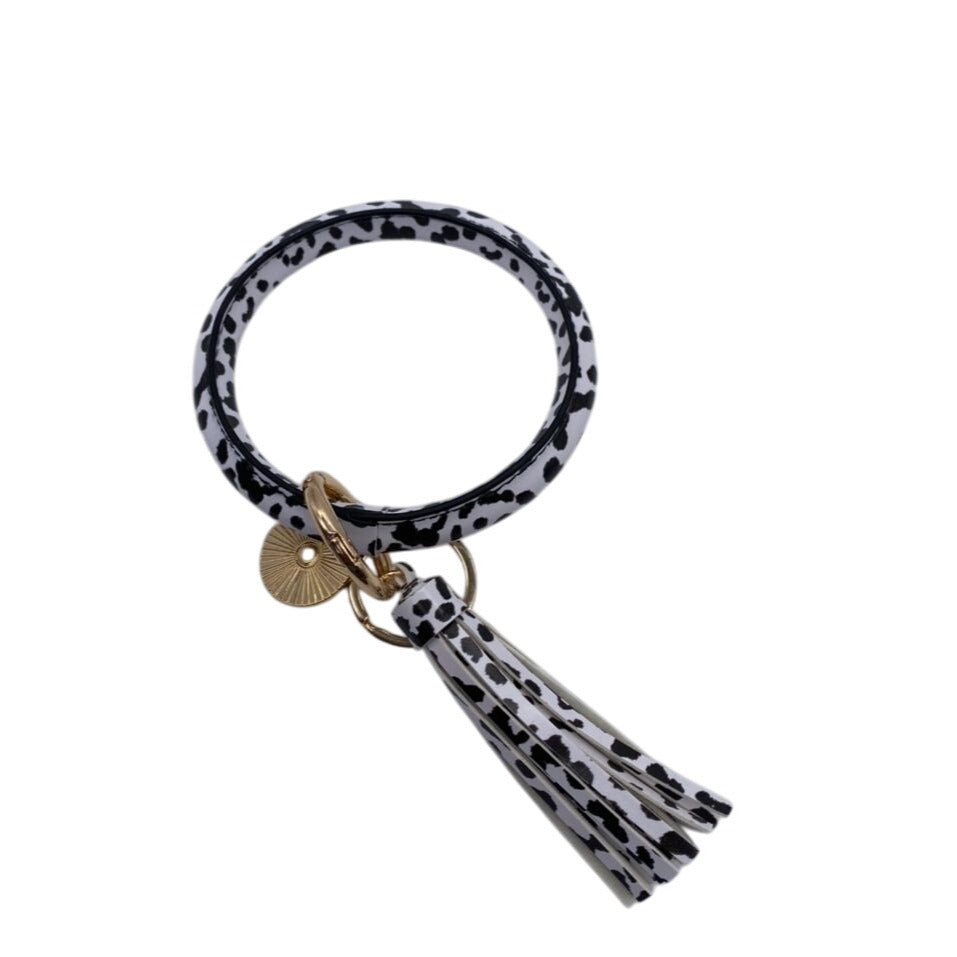 White Leopard Print Leather Tassel Bangle Keychain W/ Gold Charm & Ring Wrislet