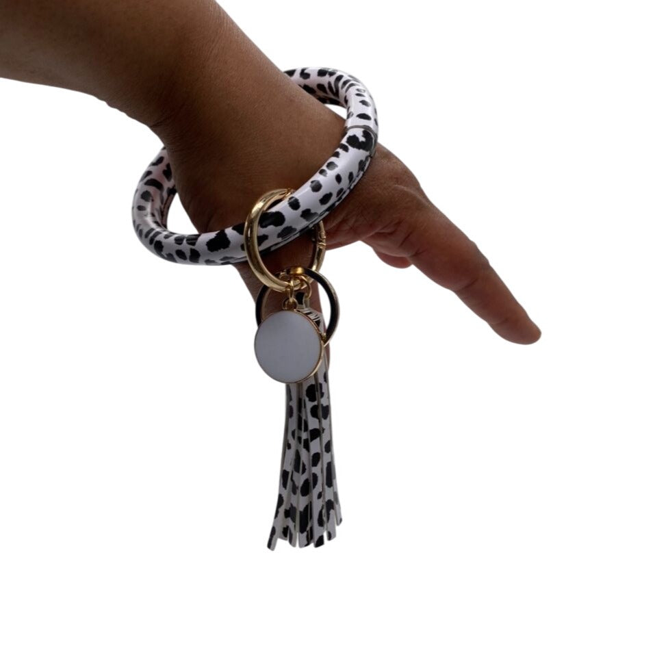 White Leopard Print Leather Tassel Bangle Keychain W/ Gold Charm & Ring Wrislet