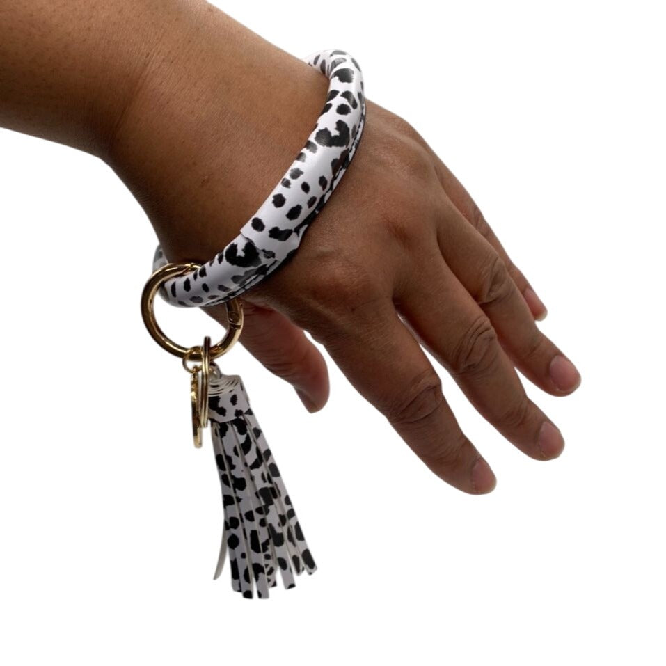 White Leopard Print Leather Tassel Bangle Keychain W/ Gold Charm & Ring Wrislet