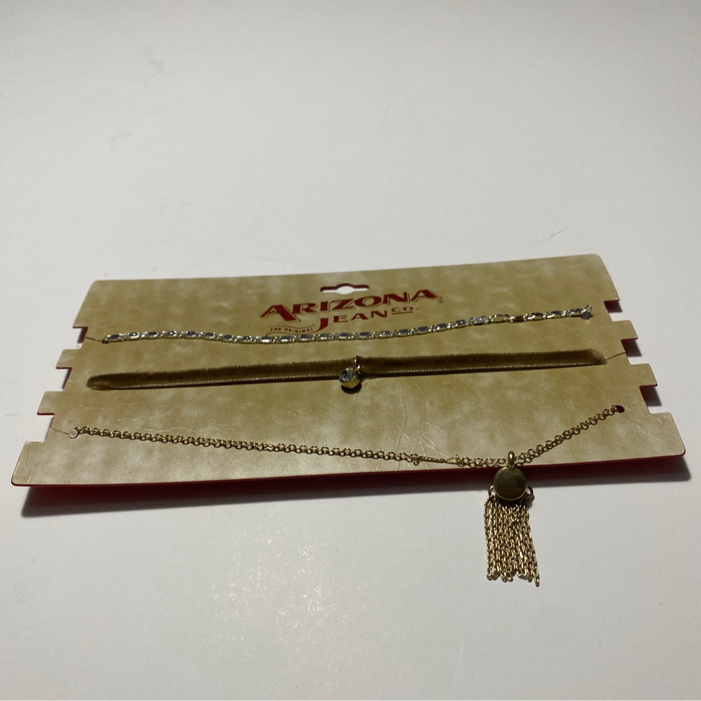 Arizona Jean Co 3 Pc Anklet Set Gold Tone & Rhinestone Multilayer Chains & Charm