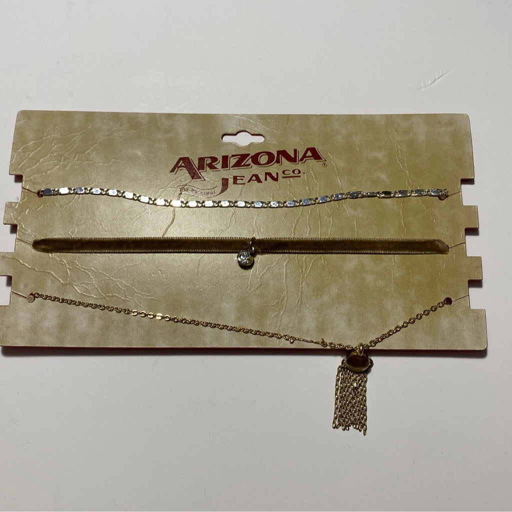 Arizona Jean Co 3 Pc Anklet Set Gold Tone & Rhinestone Multilayer Chains & Charm