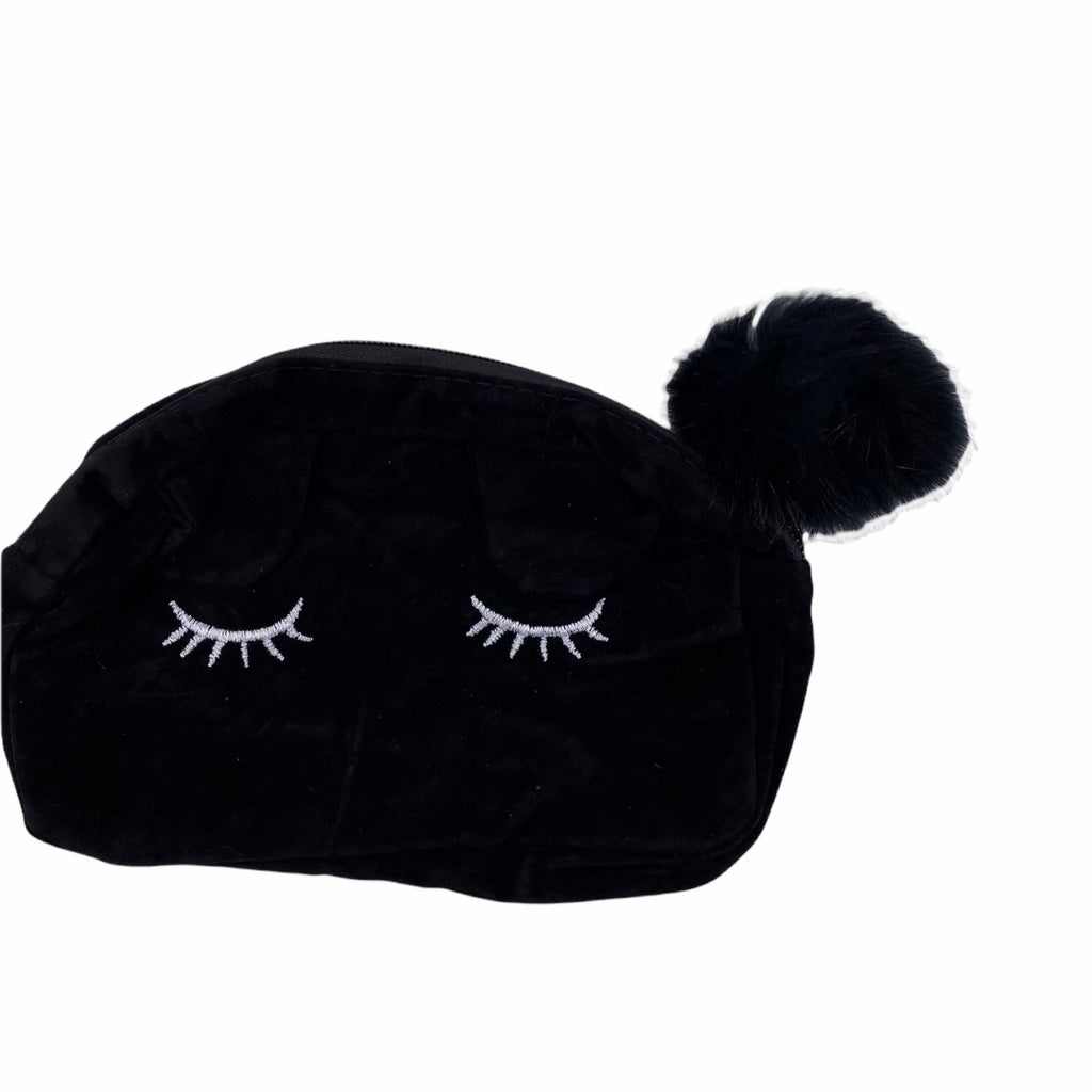Black Velvet Cosmetic Pouch With Embroidered Eyelash Design & Fluffy Pom Pom